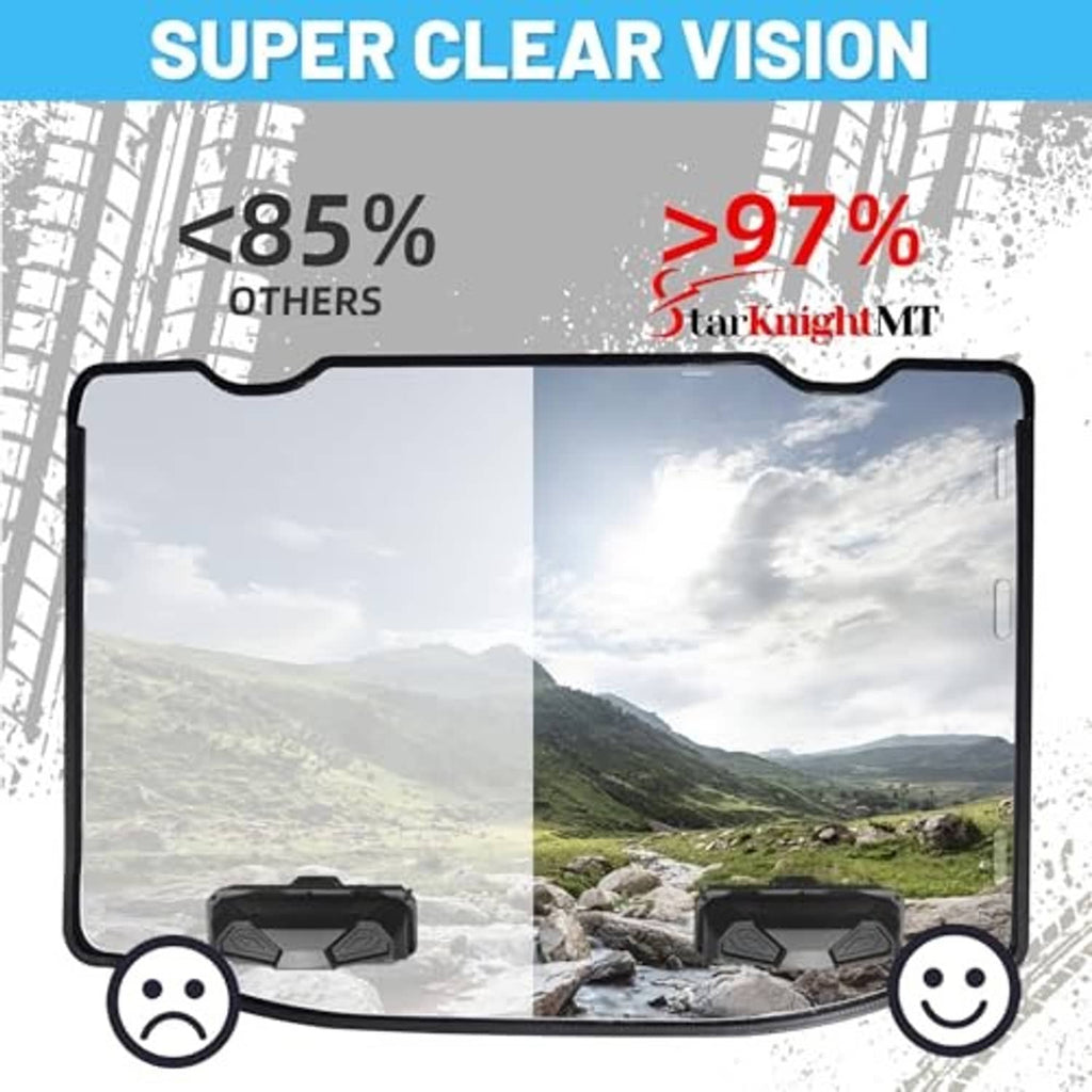 Clear UTV windshield with black frame and mounting clips for front visibility.