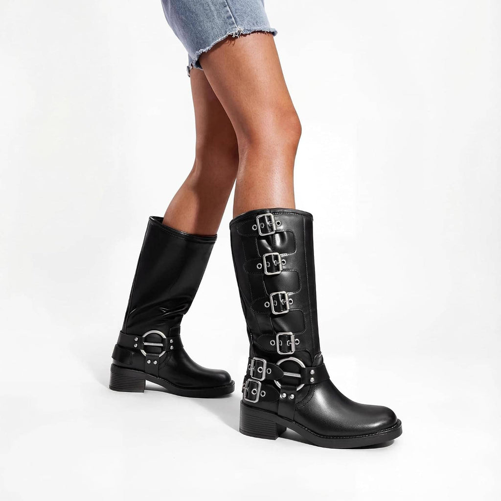 Black knee-high boots with square toe, chunky block heel, buckle straps on the shaft