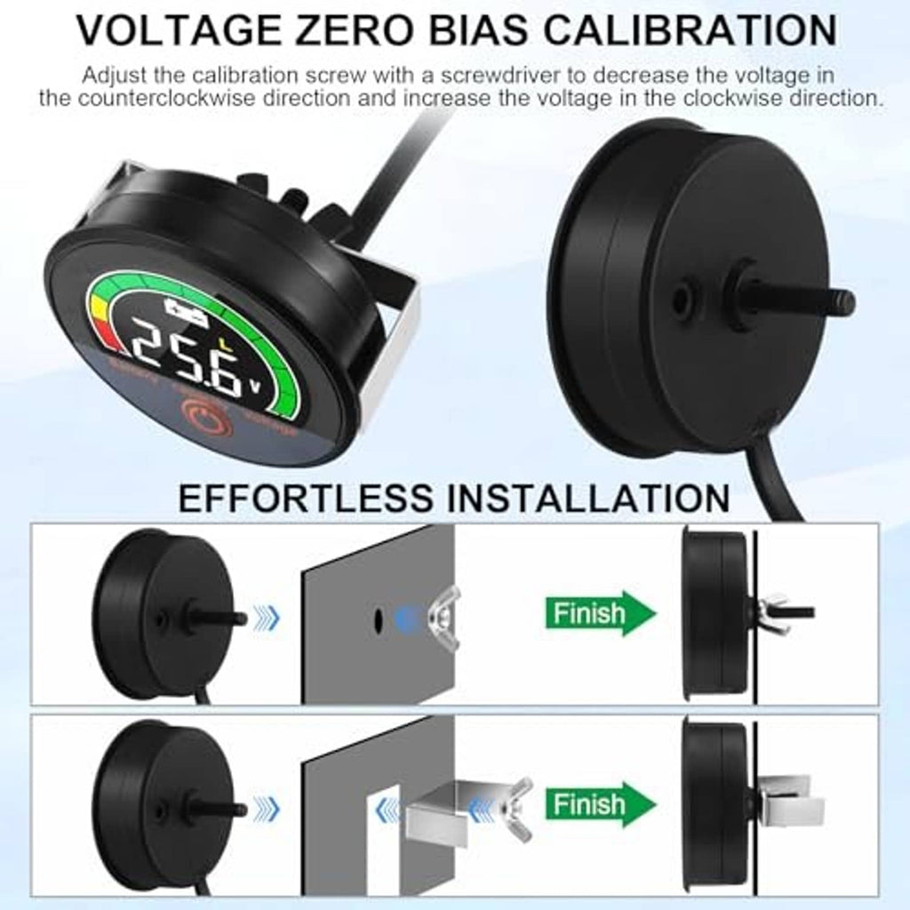 Round battery monitor with calibration screw detail and rear mounting stem, black casing