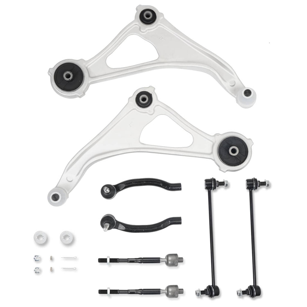 Front suspension control arm kit with white arms, black tie rods, and mounting bolts