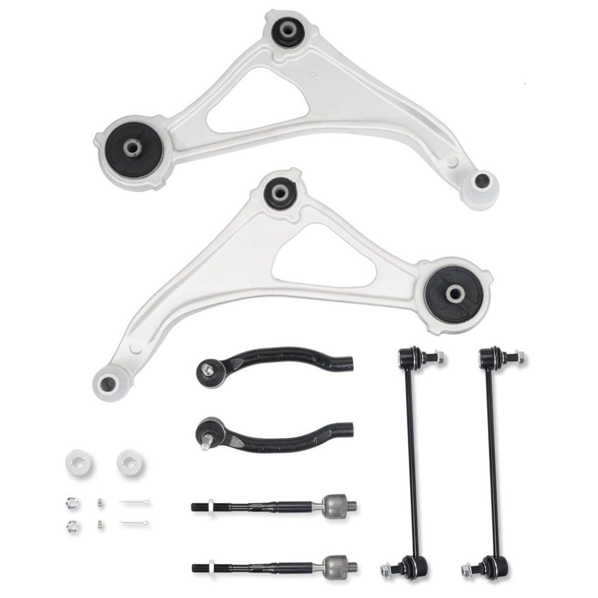 Front suspension control arm kit with white arms, black tie rods, and mounting bolts