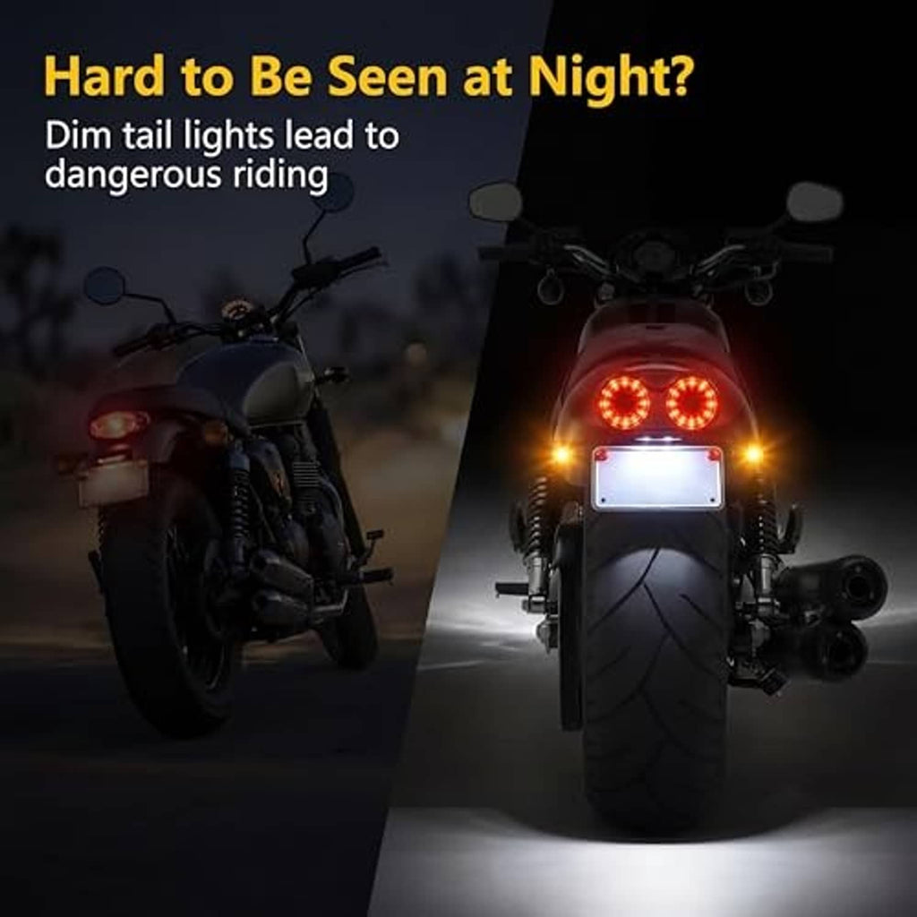 Motorcycle rear tail light showing red brake LEDs and amber turn indicators, integrated plate light