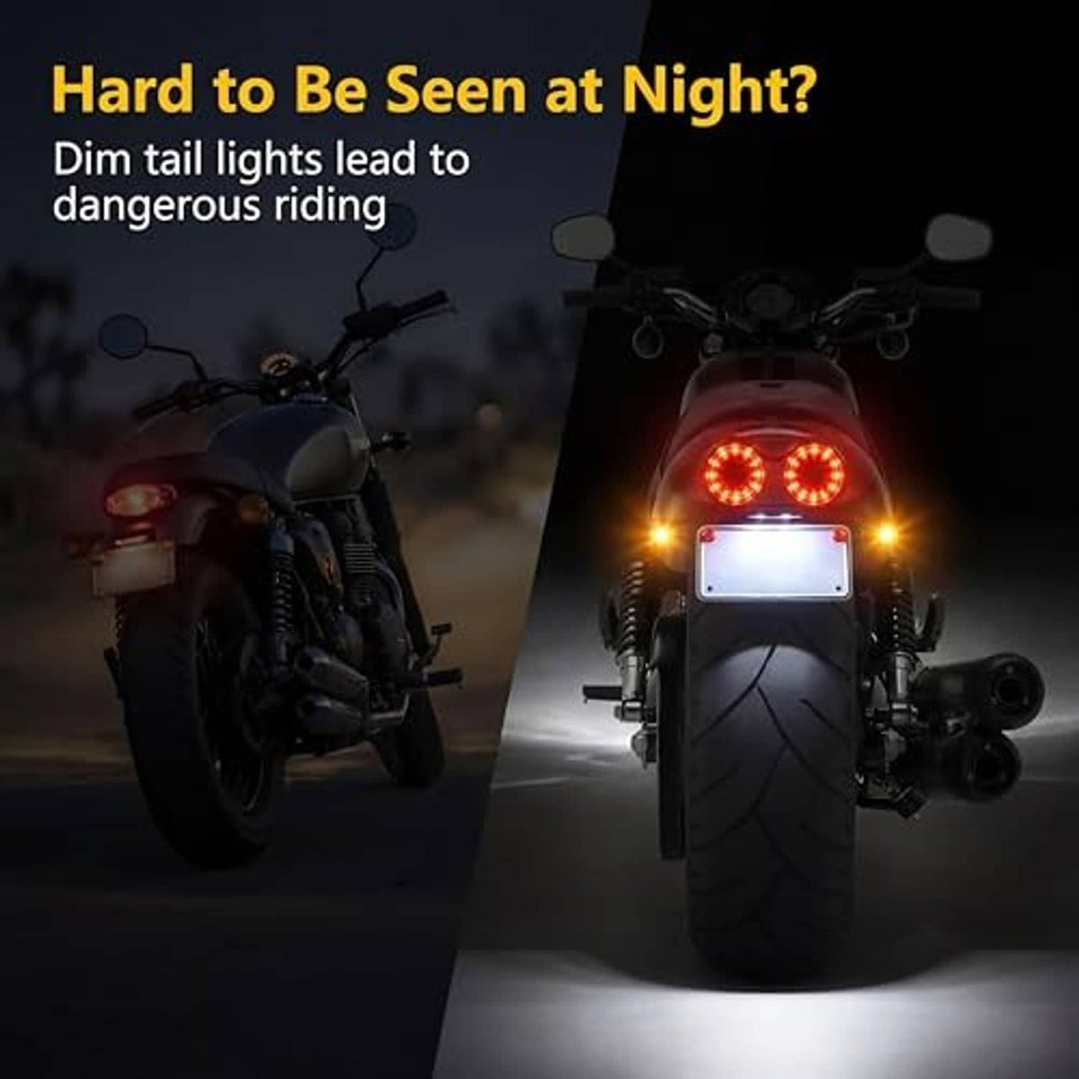 Motorcycle rear tail light showing red brake LEDs and amber turn indicators, integrated plate light