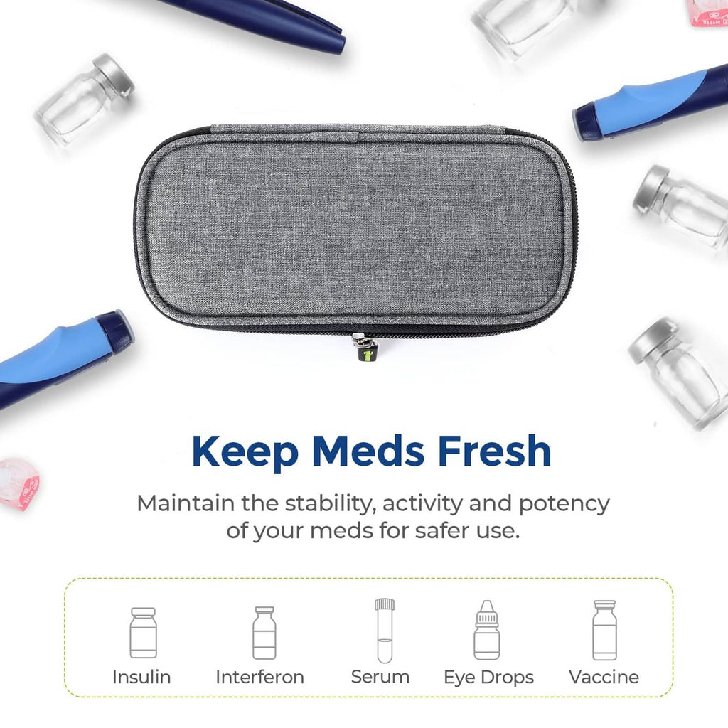 Gray zippered insulin cooler case with compact oval body for travel storage