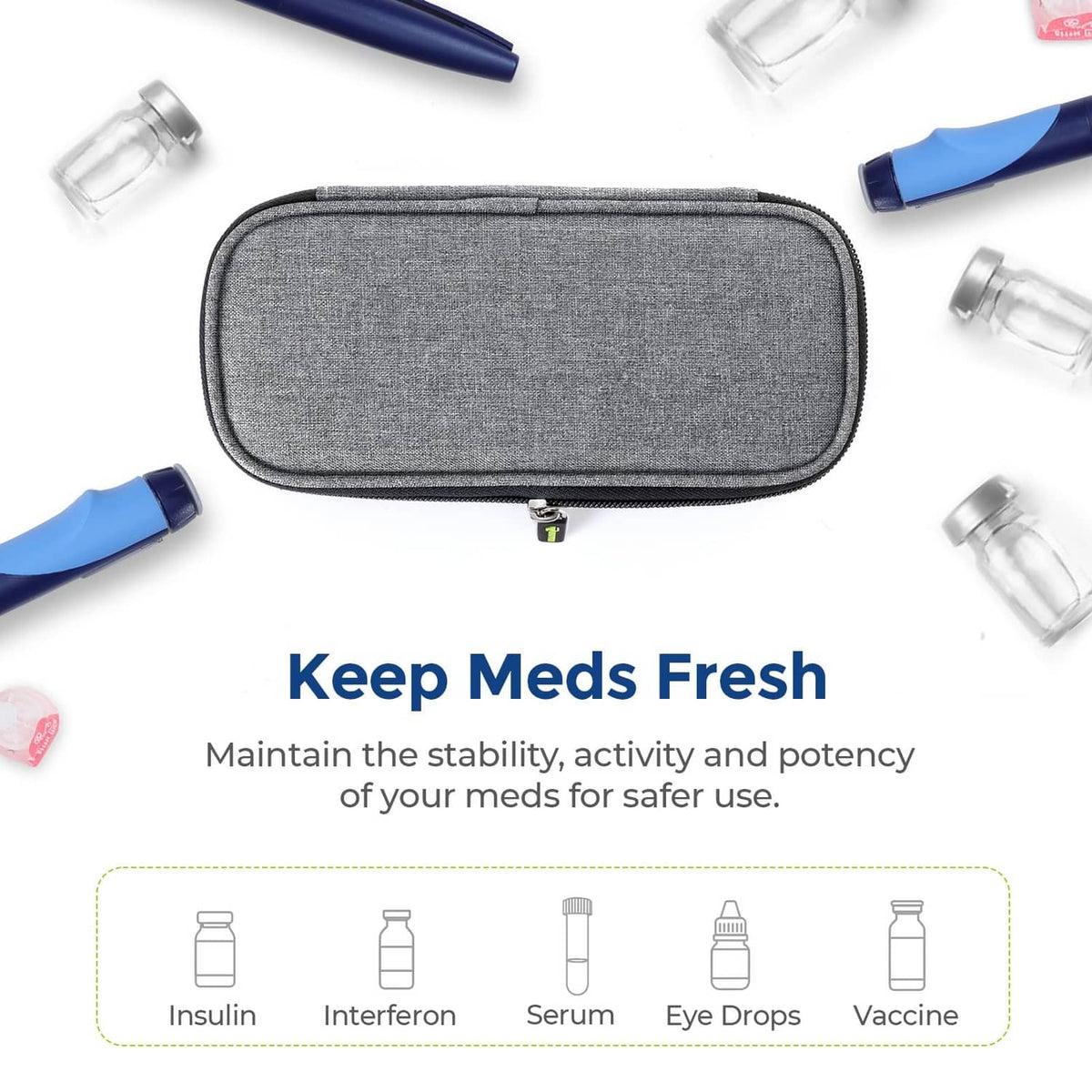 Gray zippered insulin cooler case with compact oval body for travel storage