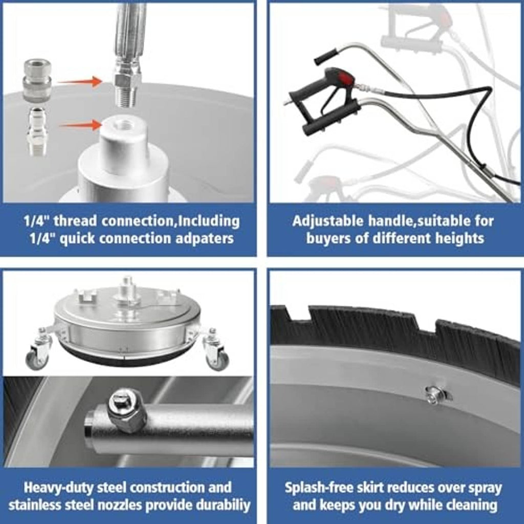 Surface cleaner connection details with threaded adapter fittings and splash-reducing skirt