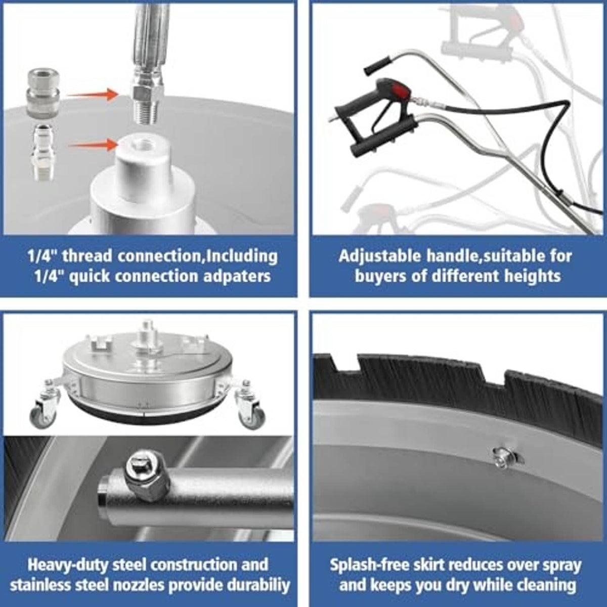 Surface cleaner connection details with threaded adapter fittings and splash-reducing skirt