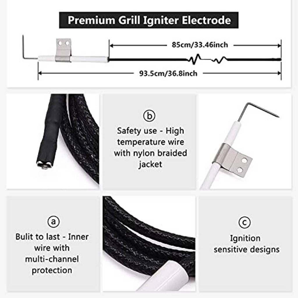 Premium grill igniter electrode with safety wire and mounting bracket