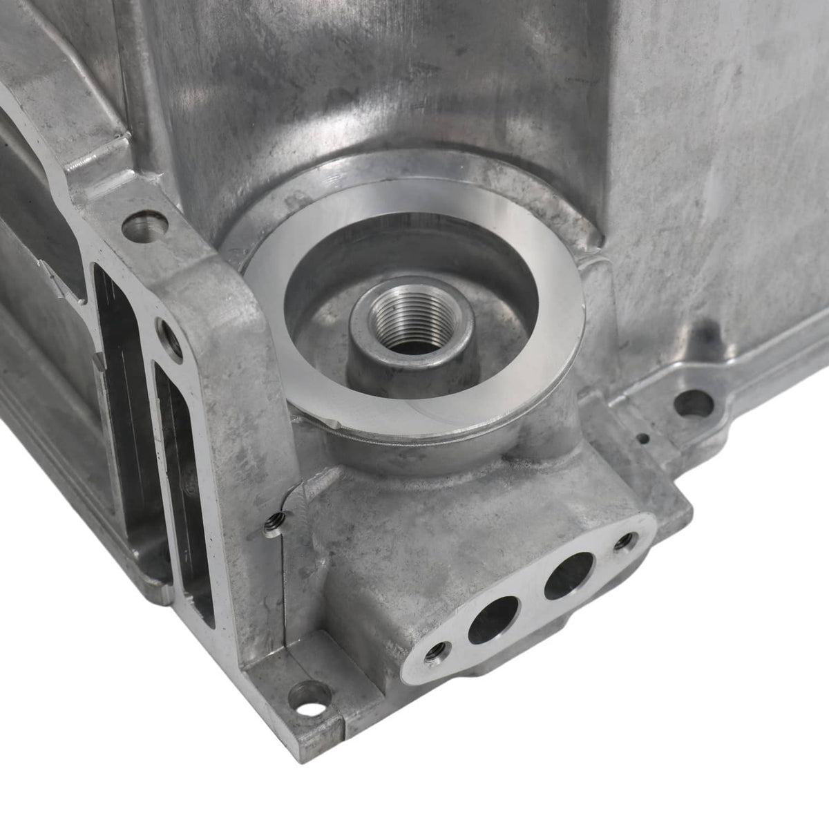 Engine oil pan threaded circular port with aluminum casting and bolt holes