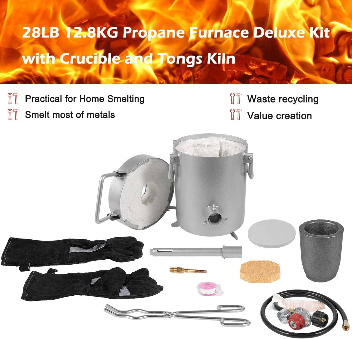 Propane melting furnace deluxe kit with crucible, lid, gloves, tongs, burner hose, tools