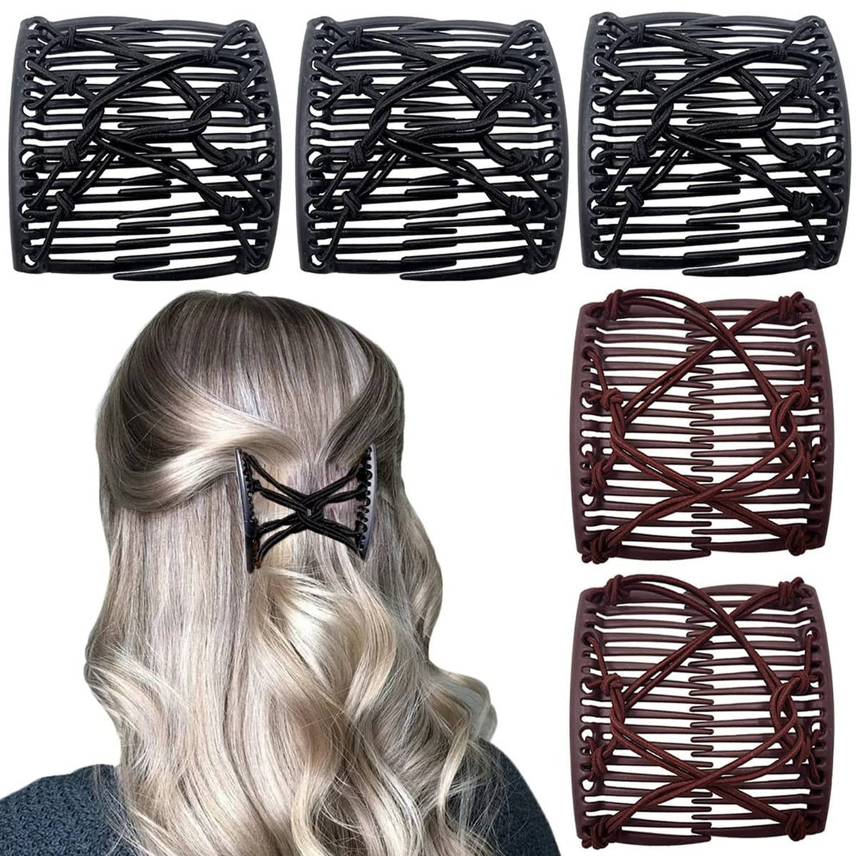 Set of five elastic hair comb forks, three black and two burgundy clips