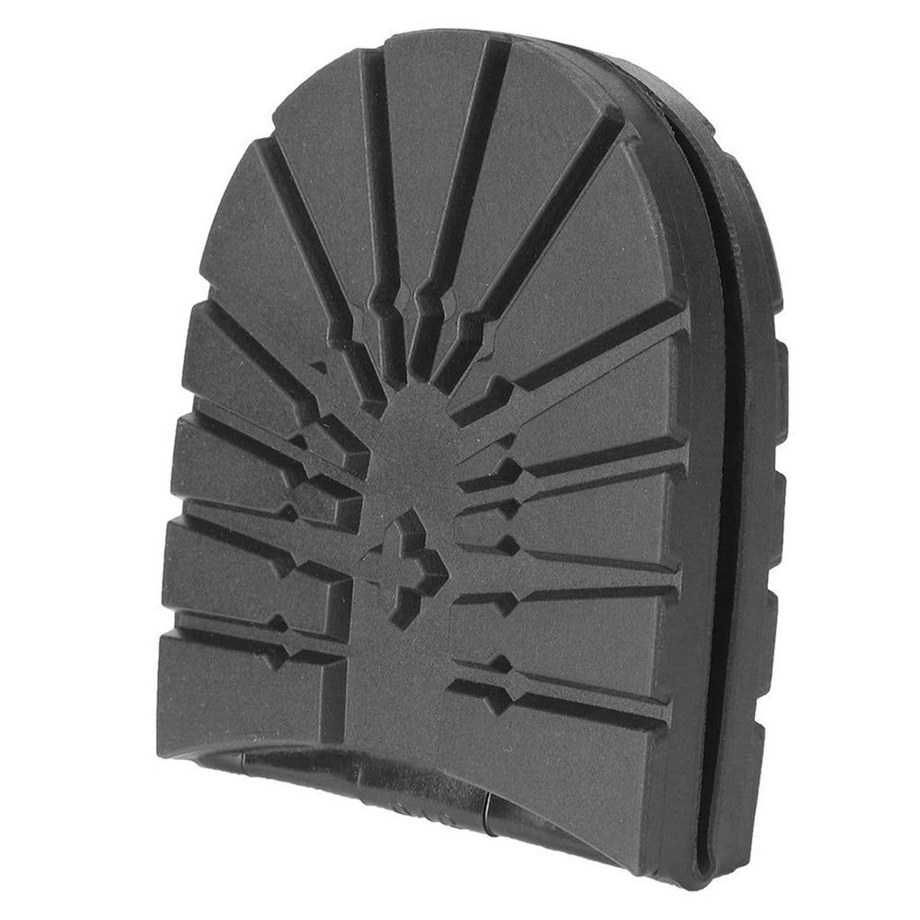 Dark boot heel replacement pad with radial tread lines and center emblem