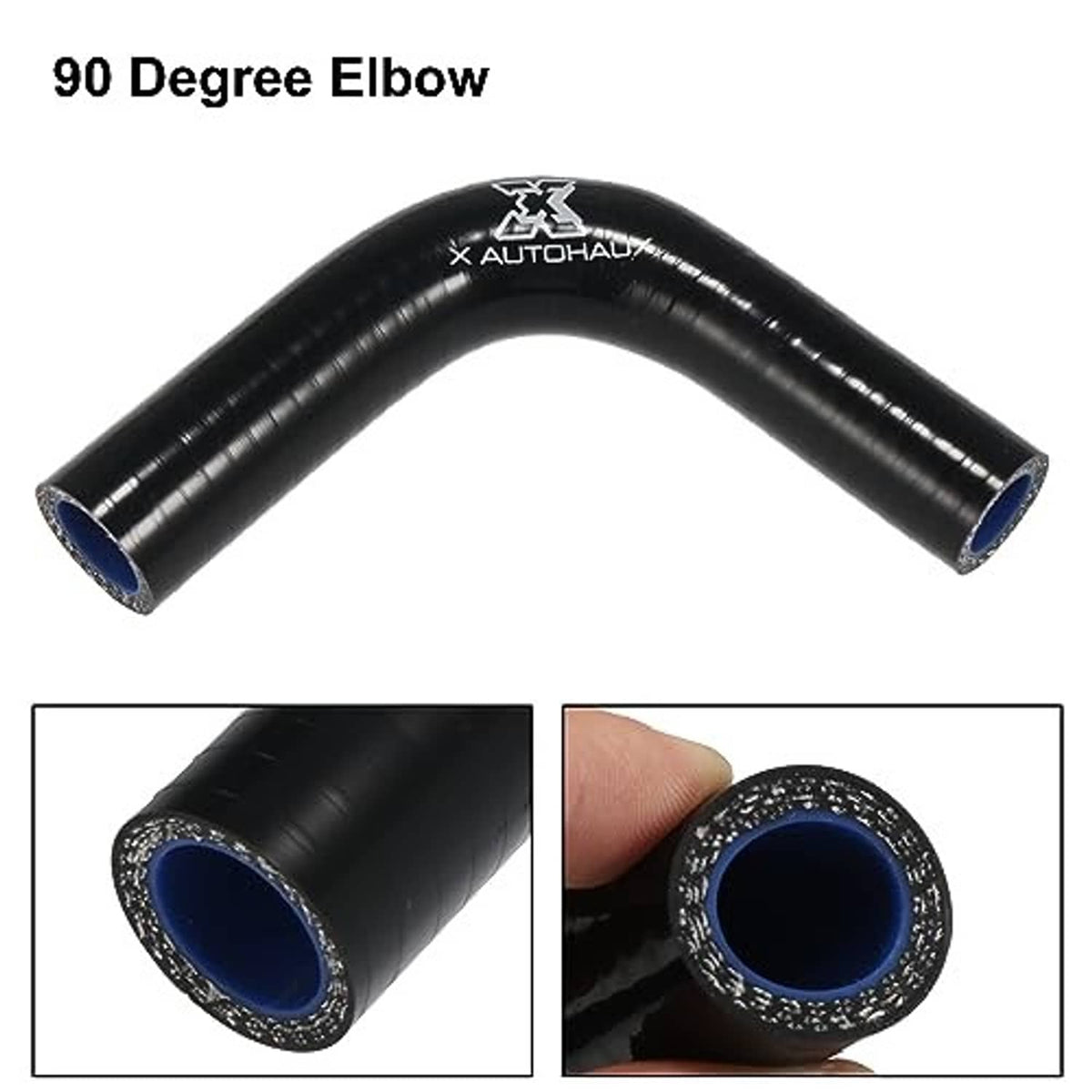 90-degree elbow hose reducer, black curved tube with blue-lined ends