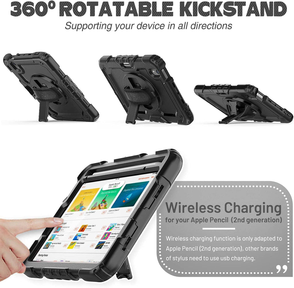 Rugged black tablet case with 360° rotatable kickstand and screen cover