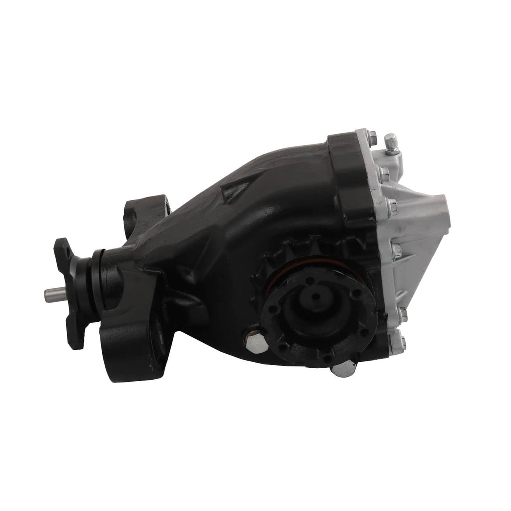 Rear differential carrier assembly rear side view with black housing and silver end plate