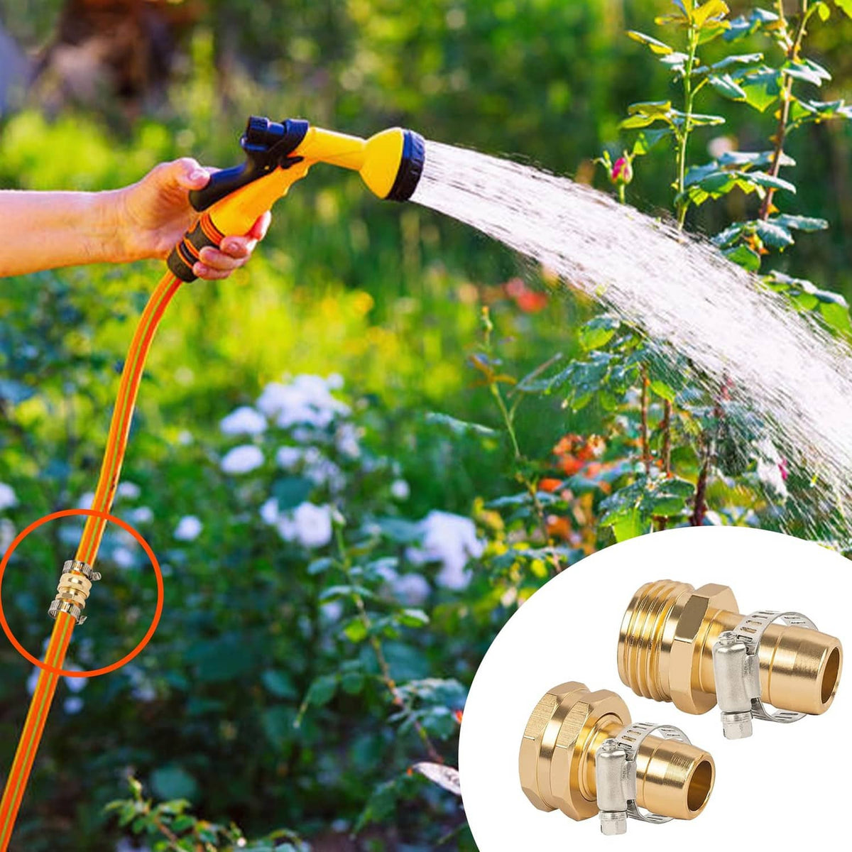 Garden hose repair connector with gold brass fittings and metal clamps attached to hose