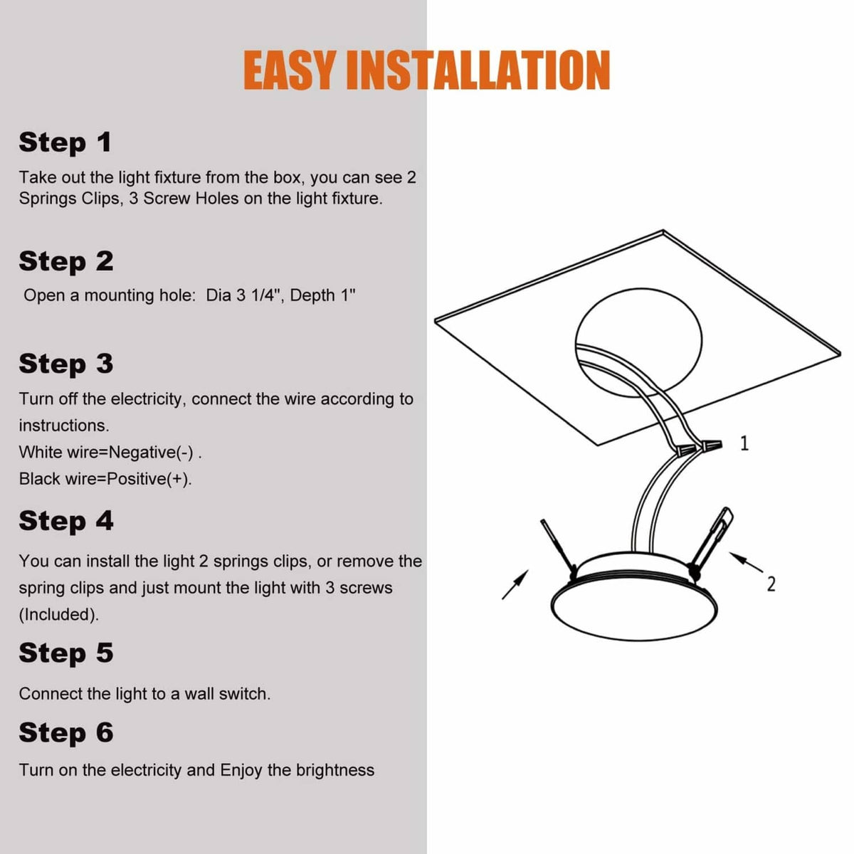 Recessed LED puck light installation guide with wiring polarity and mounting