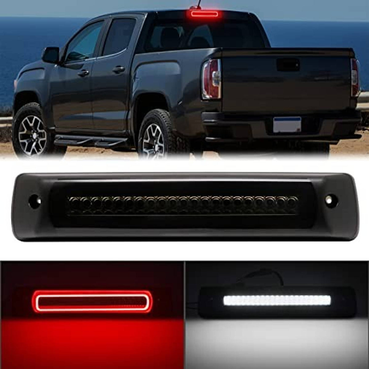 Smoked LED third brake light showing dark housing and illuminated LED bar and white strip