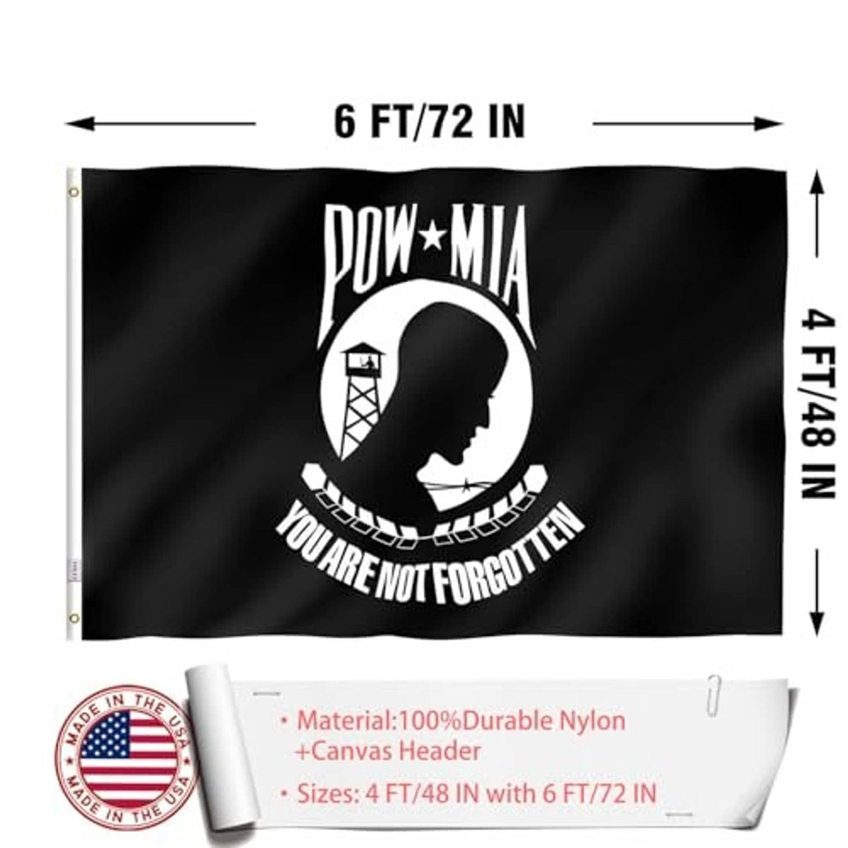 Black POW-MIA flag showing 6 ft by 4 ft size markers and grommet header