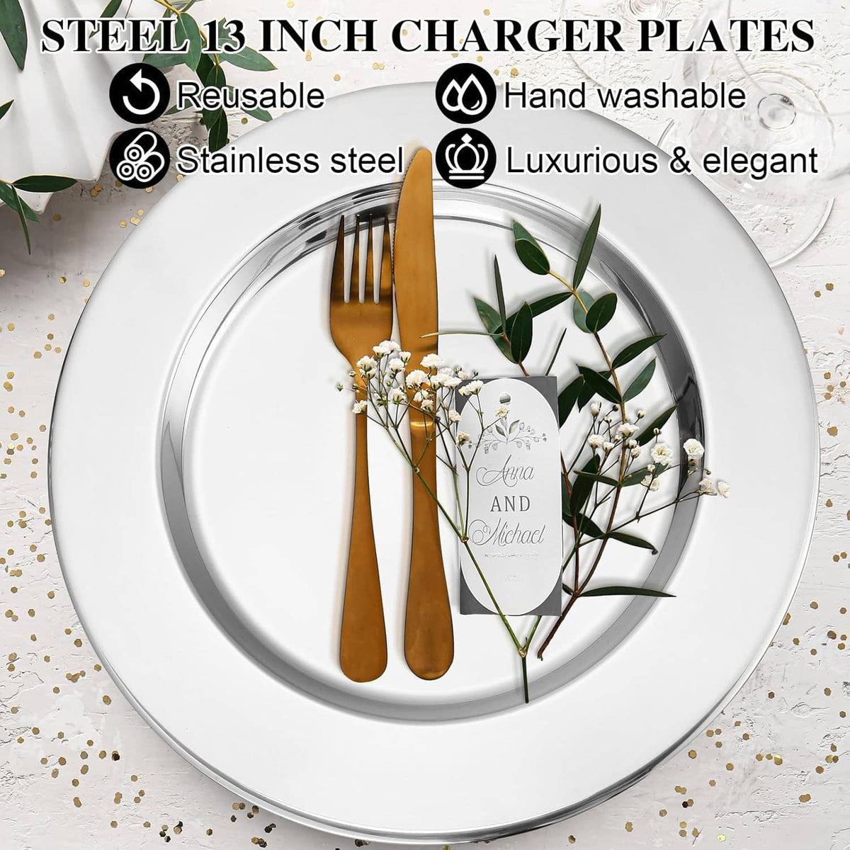 Round stainless steel charger plate with floral arrangement and gold-tone cutlery