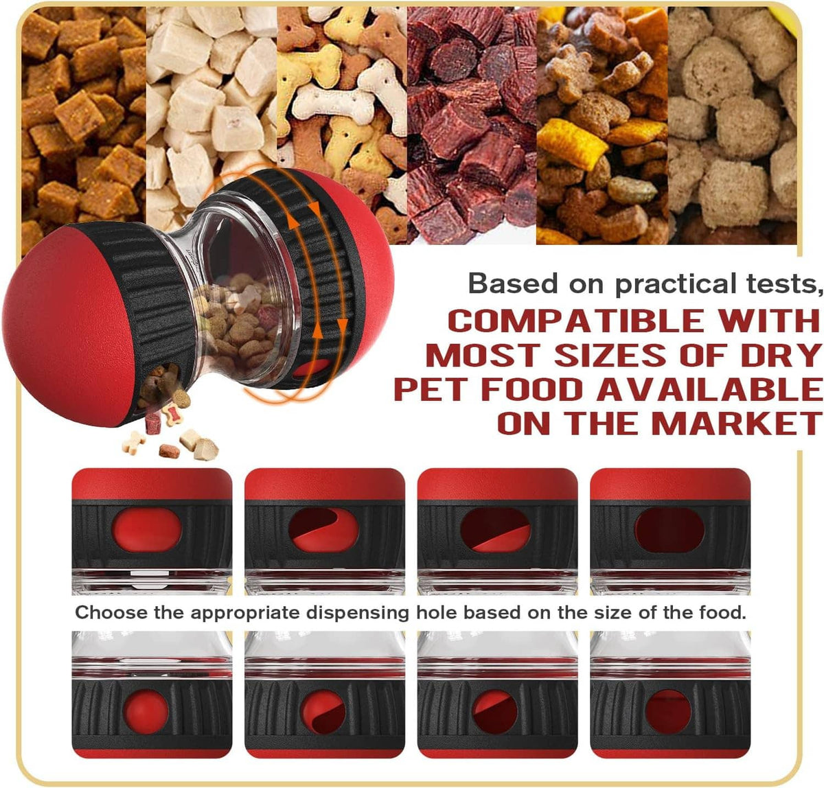 Red and black puzzle slow feeder toy with clear dispensing drum and molded kibble pieces