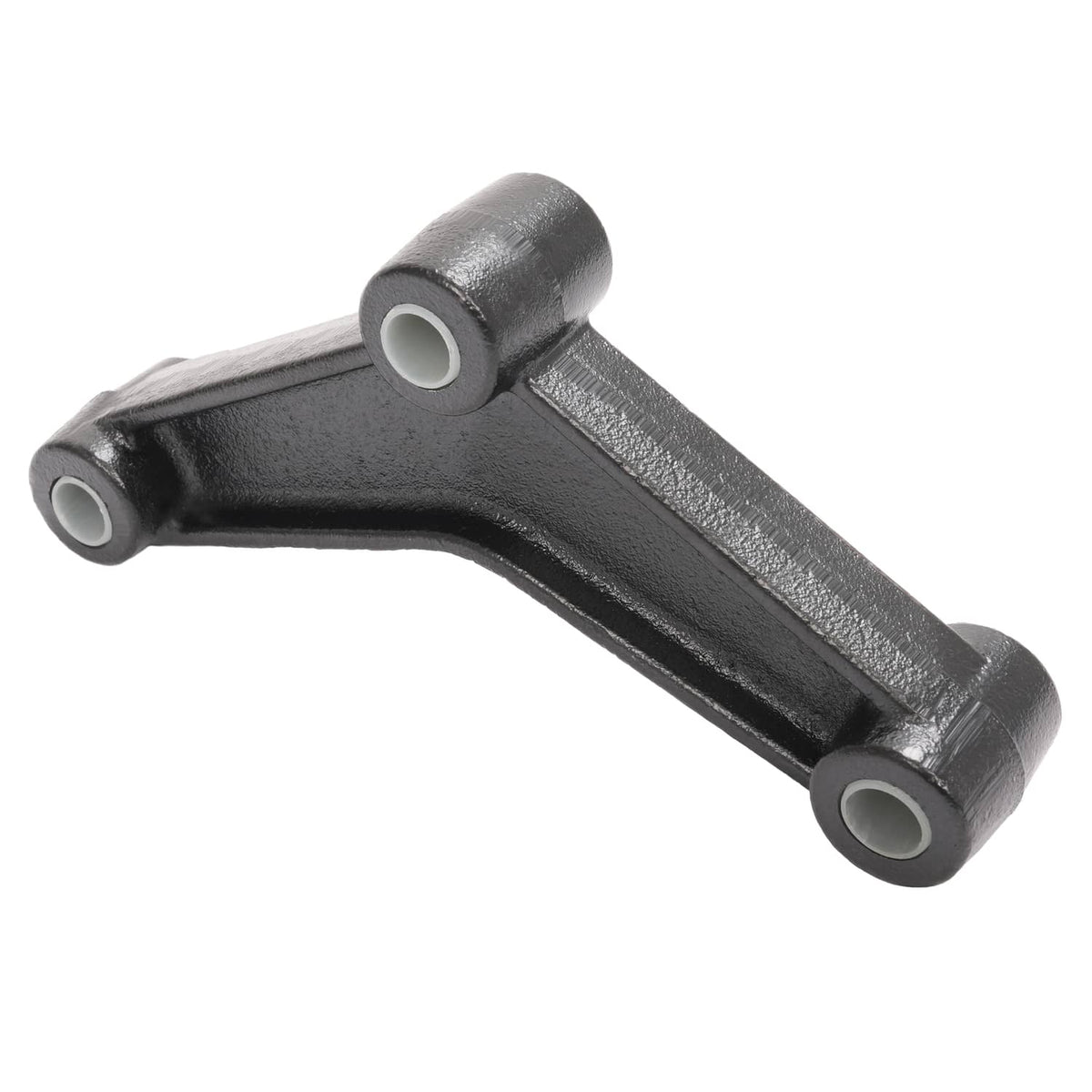 Metal leaf spring shackle strap with two mounting eye bushings, dark gray