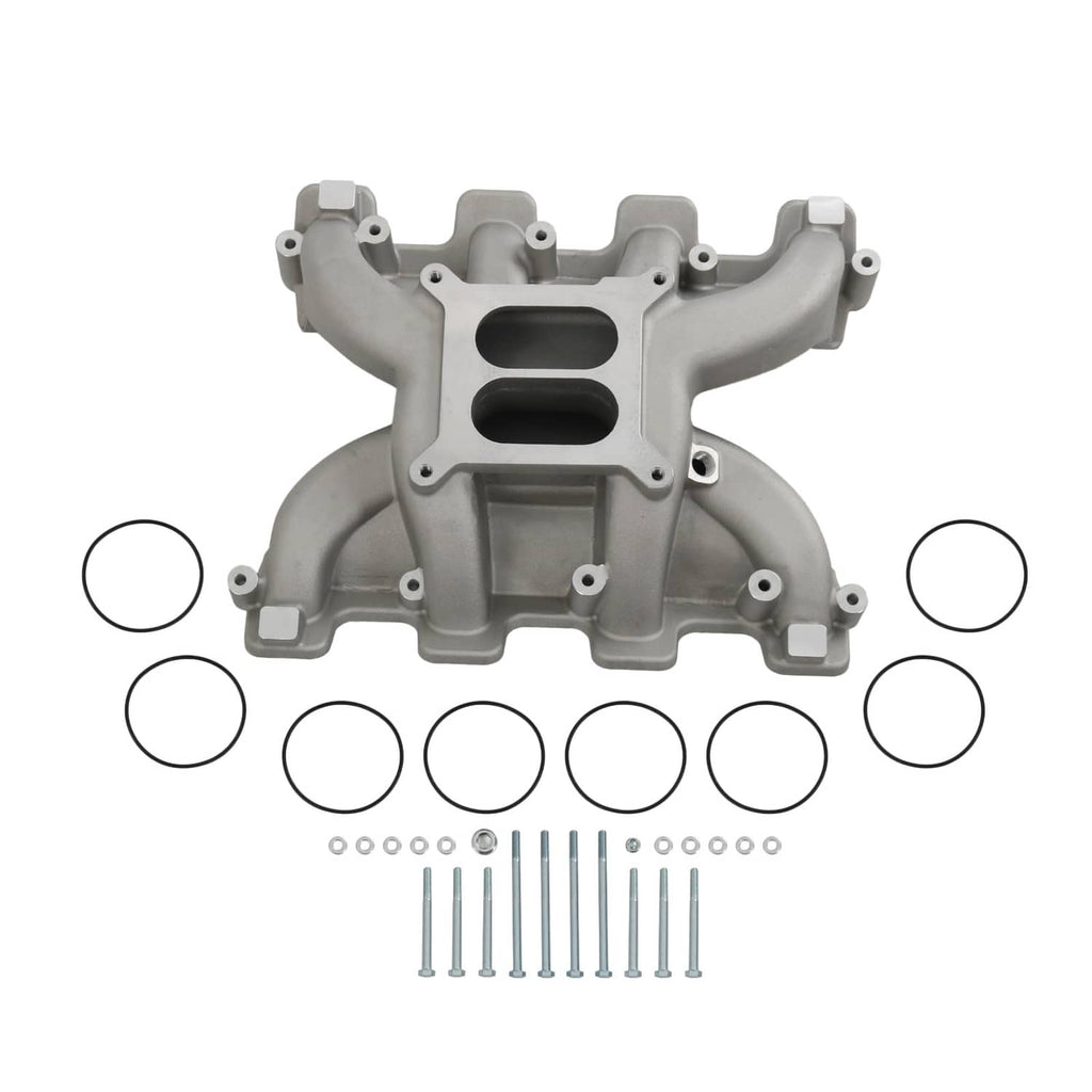 Gray dual plane intake manifold, front view with two intake ports and bolt holes