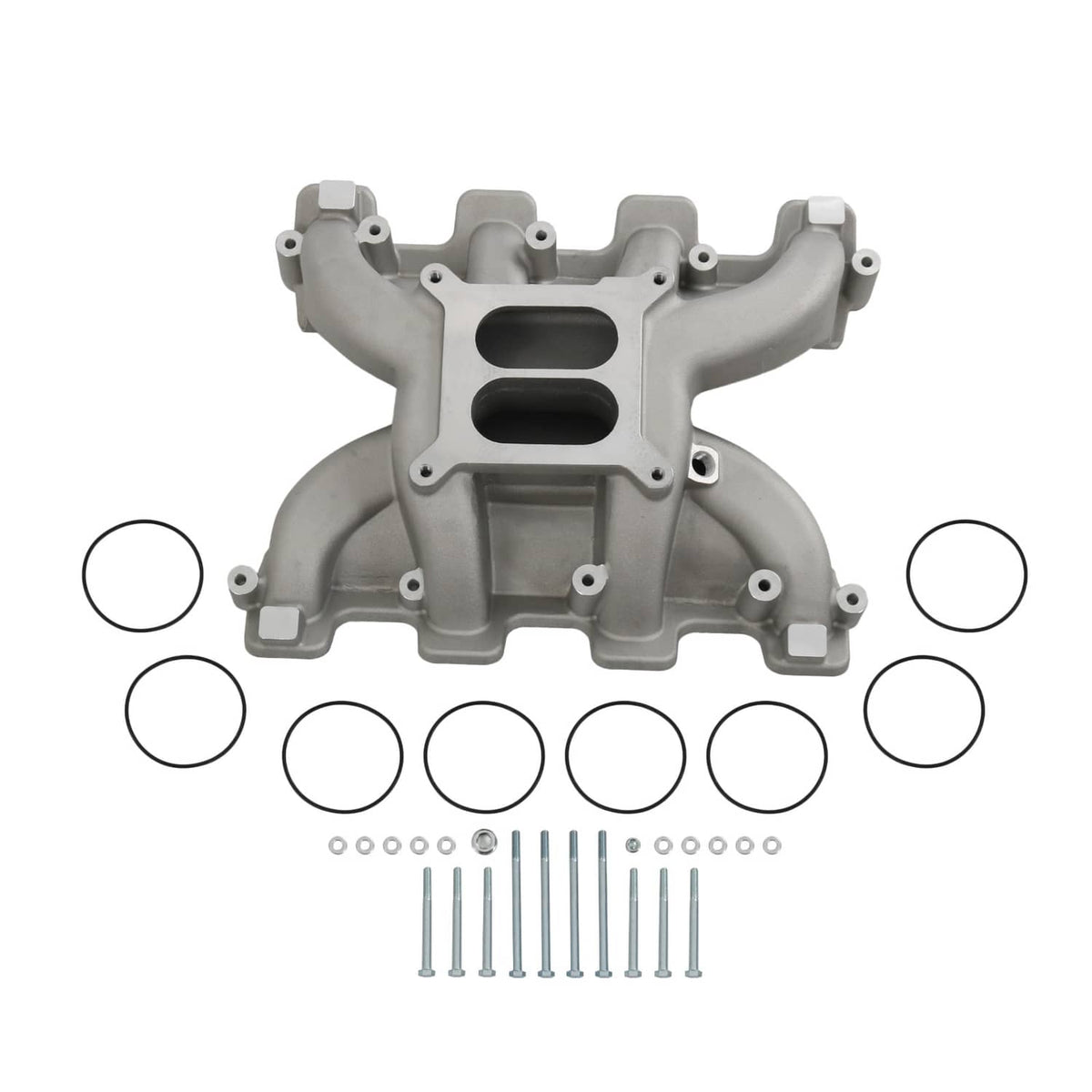 Gray dual plane intake manifold, front view with two intake ports and bolt holes