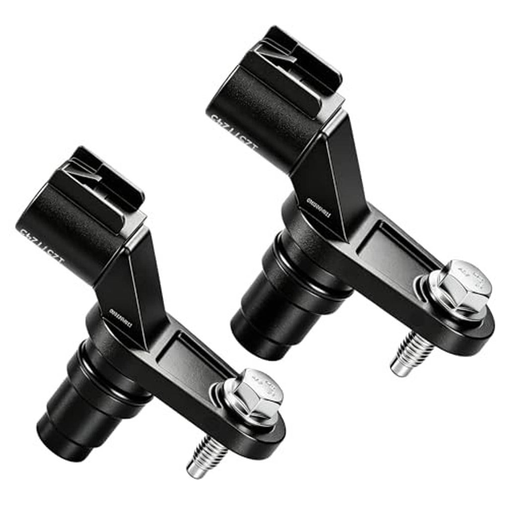 Black camshaft position sensor with angled housing, two-pin connector, and mounting bolts