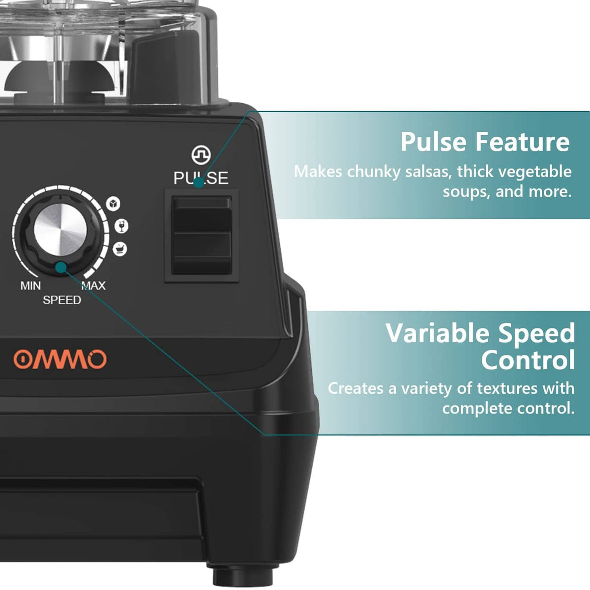 Black blender control panel with speed dial, pulse button, and start/stop