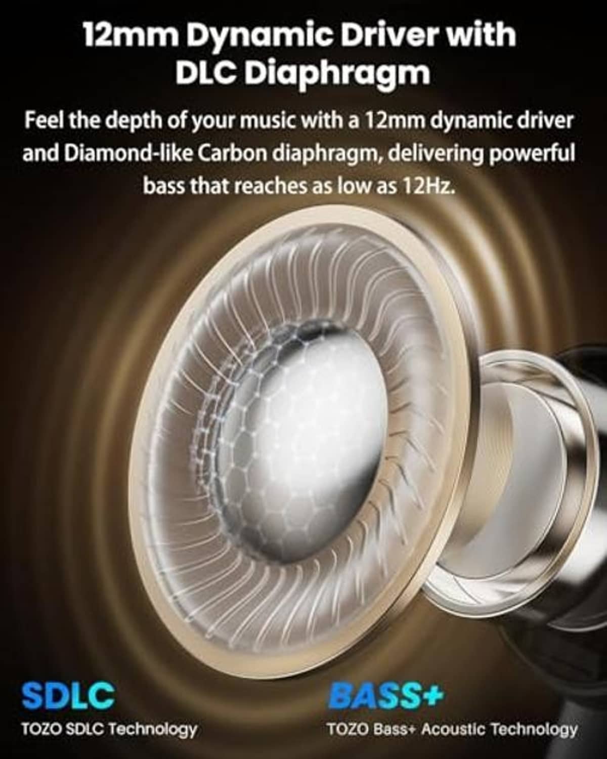Earbud driver detail with gold-toned diaphragm graphic and speaker element