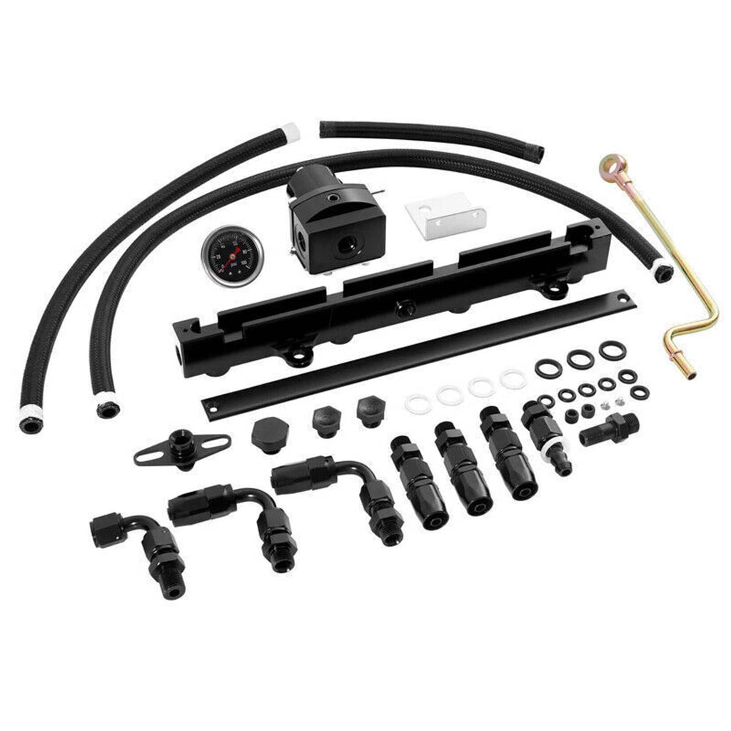Fuel line system kit components with black rail, fittings, regulator unit, and hoses
