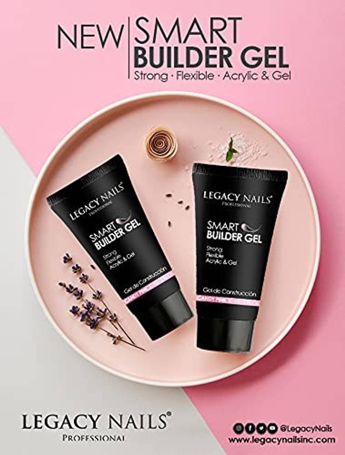 Legacy Nails smart builder gel tubes on round display, candy pink and nude shades