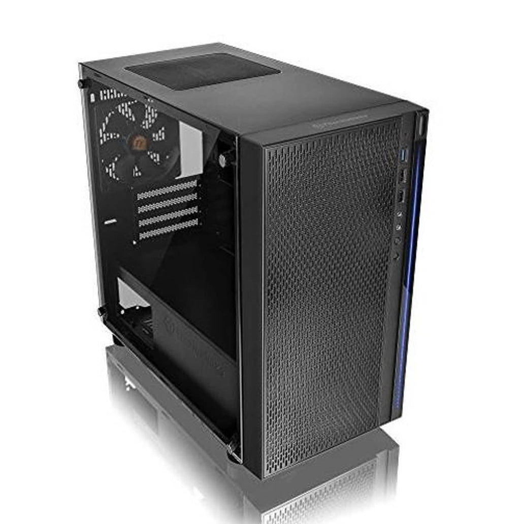 Black micro ATX computer case with mesh front, tempered glass side, and top vent