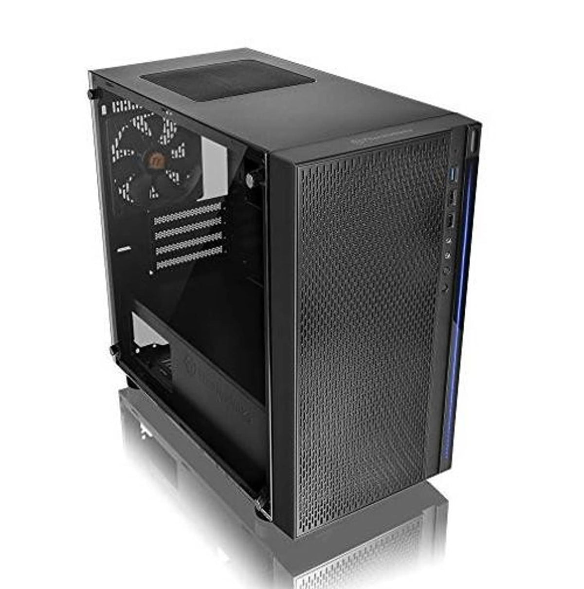 Black micro ATX computer case with mesh front, tempered glass side, and top vent