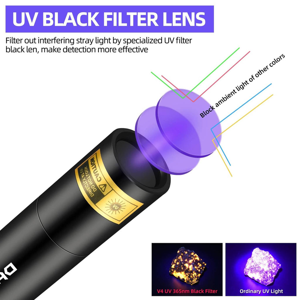 Black UV flashlight with purple filter lens and two USB charge cables