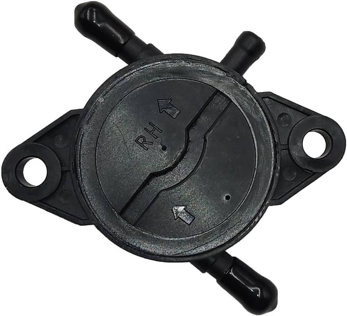 Fuel pump diaphragm cover with arrow markings and two hose ports