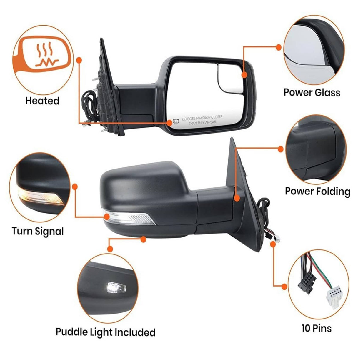 Black heated power folding side mirrors with turn signal, puddle light, and power glass