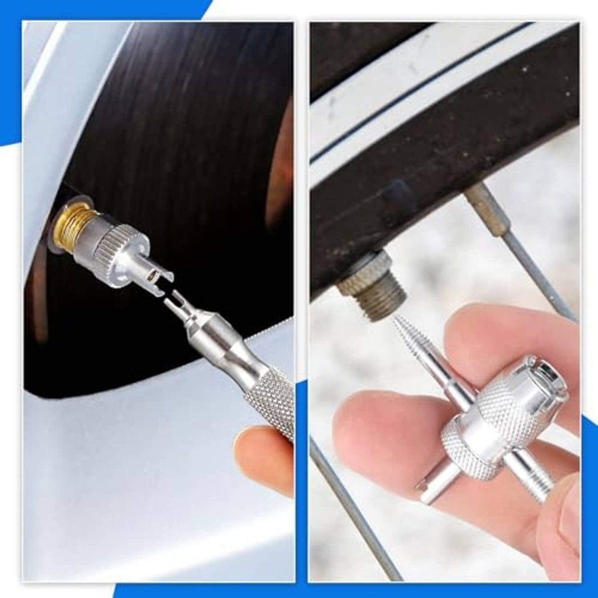 Metal valve stem tool with textured grip and threaded tip for removing tire valve cores