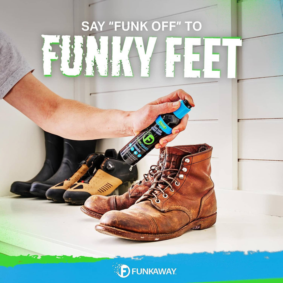 FunkAway shoe spray bottle in hand, aimed at brown boots with blue nozzle cap