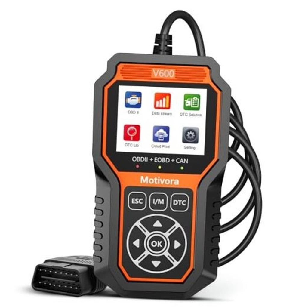 Motivora V600 OBD2 diagnostic scan tool with screen, button panel, and cable connector