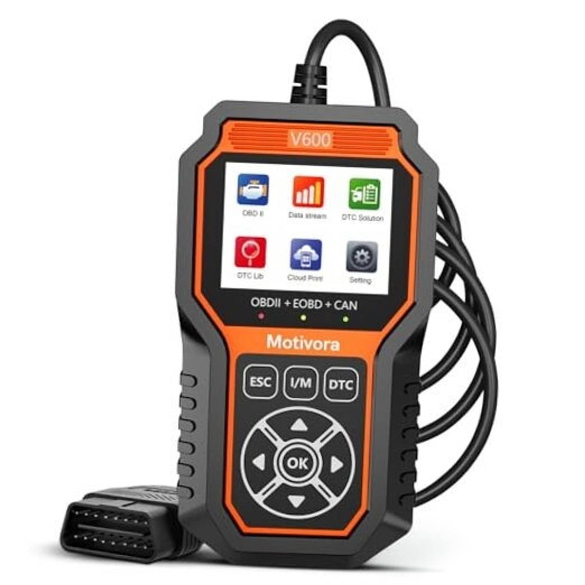 Motivora V600 OBD2 diagnostic scan tool with screen, button panel, and cable connector