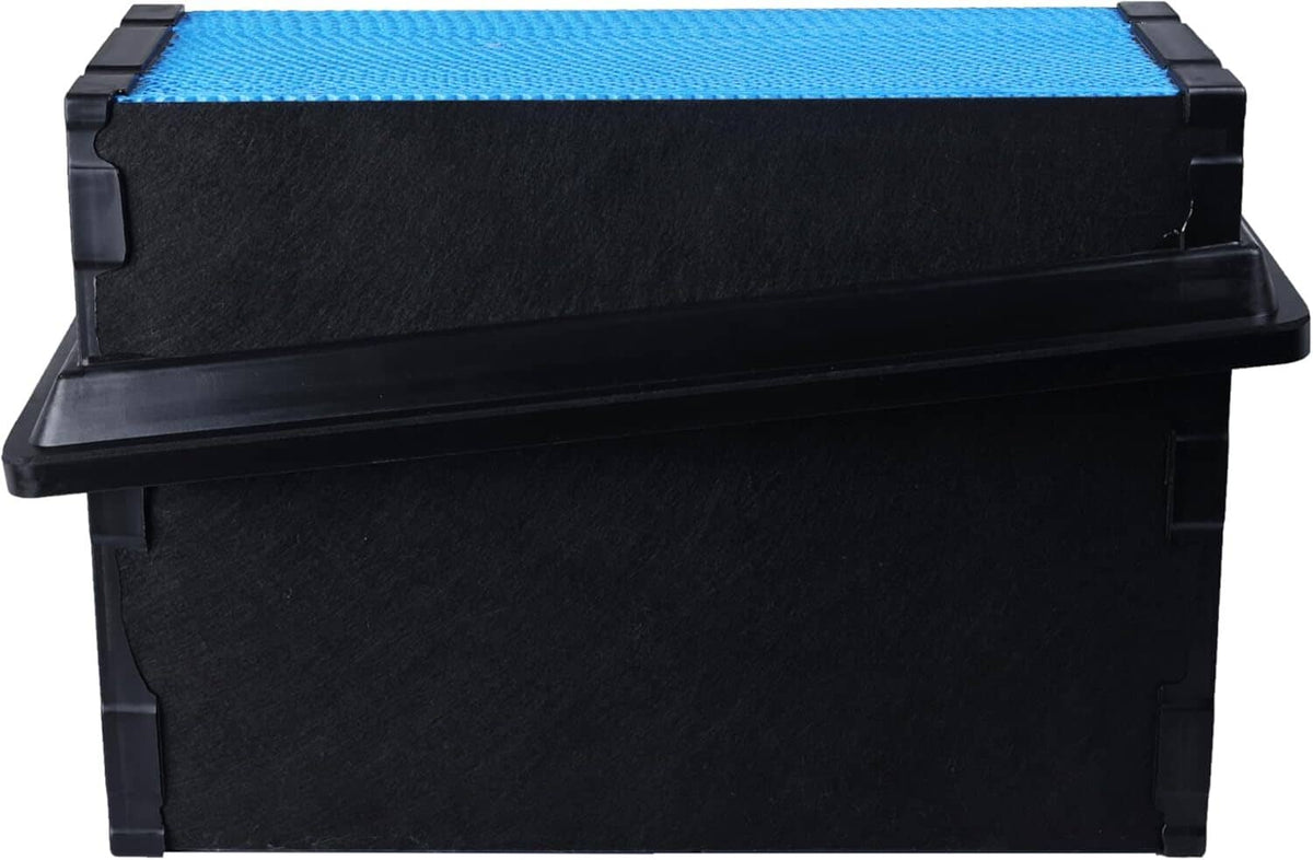 Engine air filter with blue pleated media and black housing, angled close-up