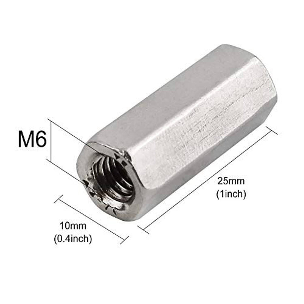 M6 hex coupling nut dimensions shown: 25mm length, 10mm width, threaded interior