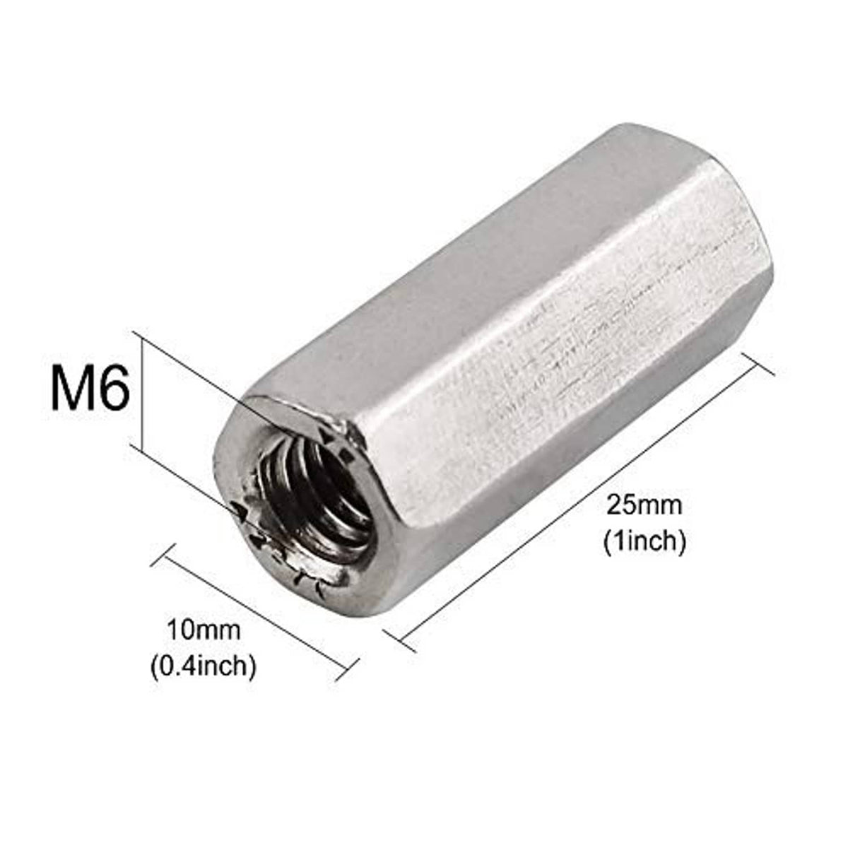M6 hex coupling nut dimensions shown: 25mm length, 10mm width, threaded interior