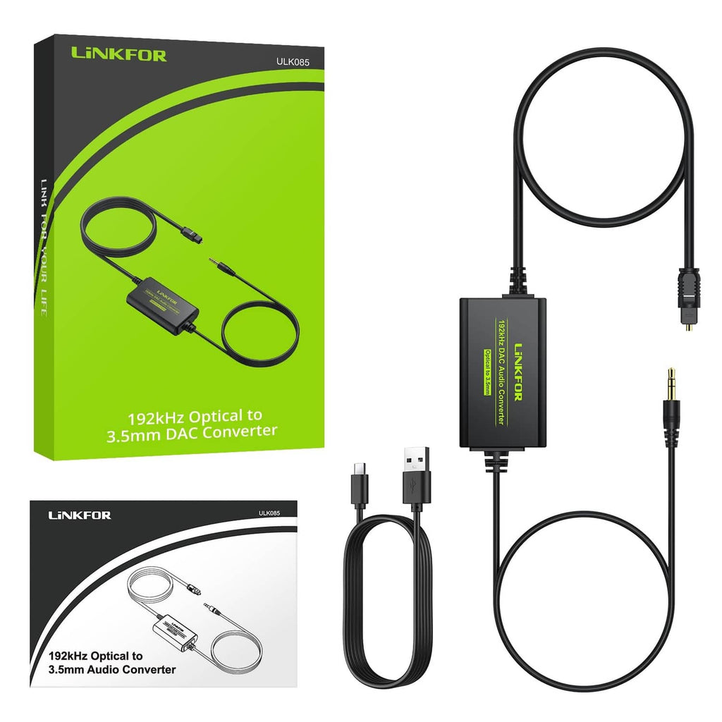 LiNKFOR 192kHz optical DAC converter with cable set and retail packaging