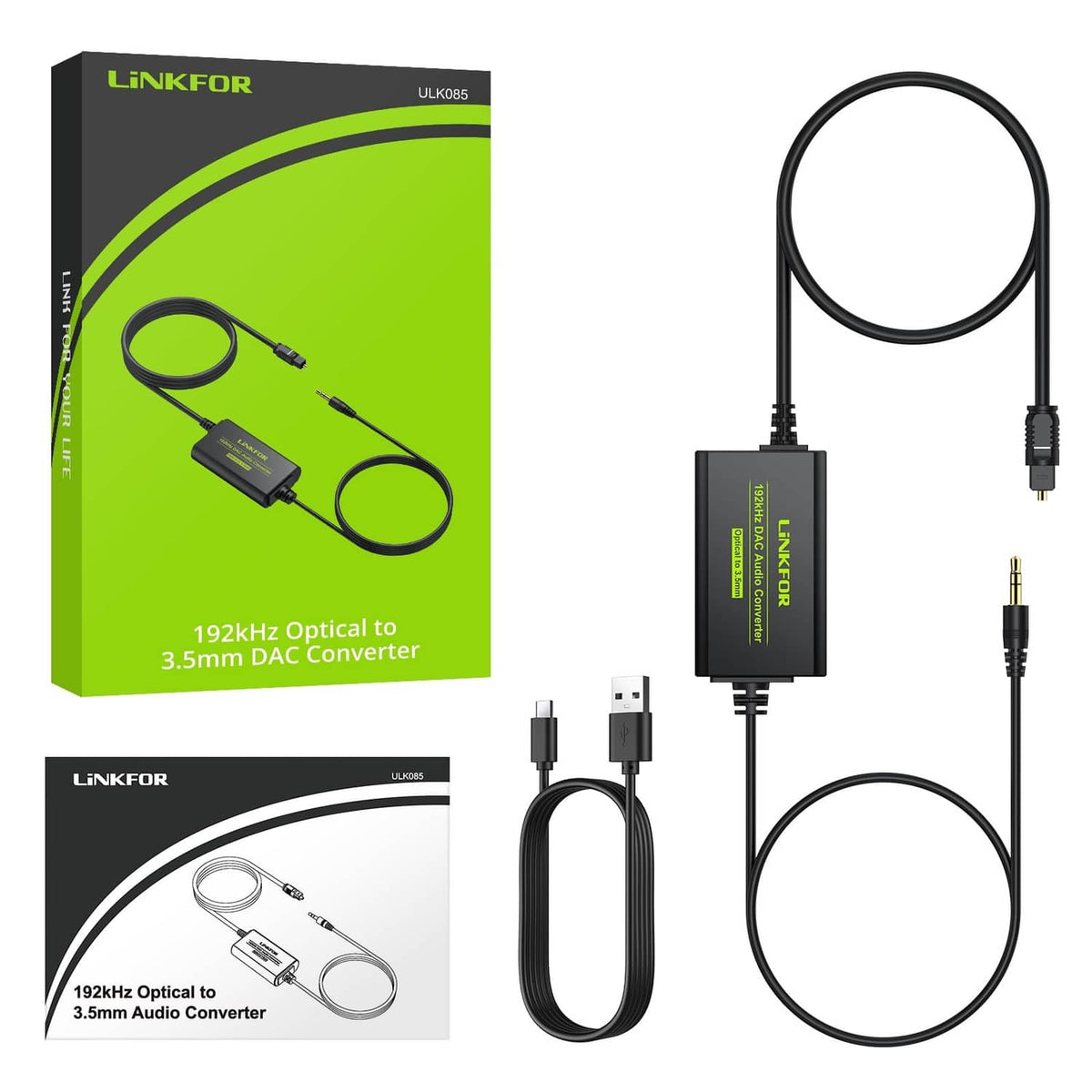 LiNKFOR 192kHz optical DAC converter with cable set and retail packaging