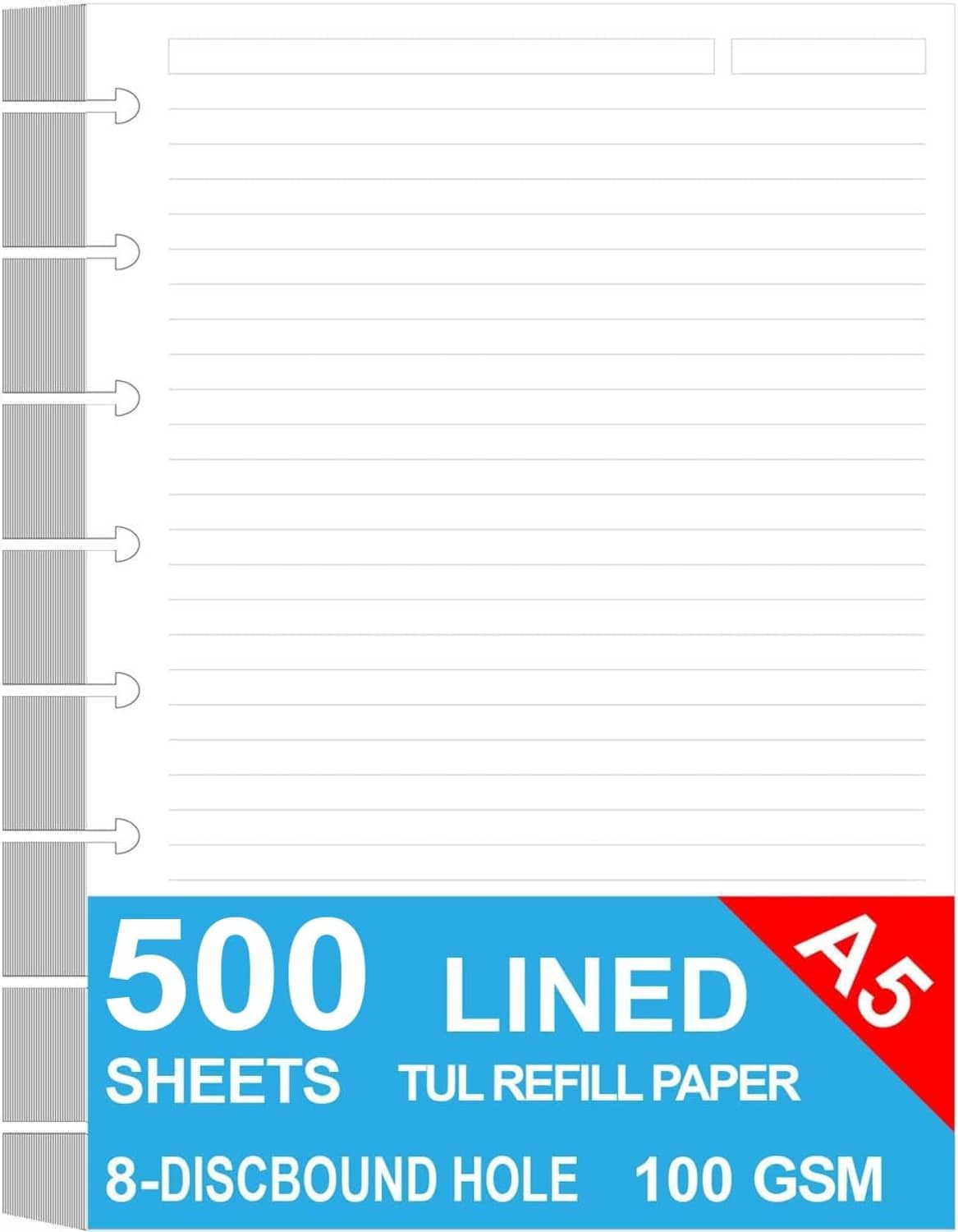 White lined disc refill paper sheets with 8-disc holes, A5 size