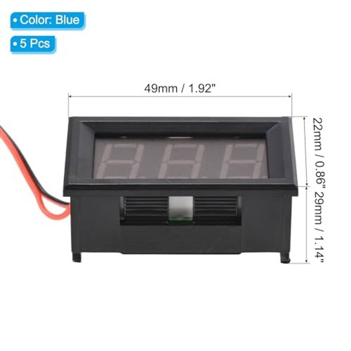 Digital voltmeter with rectangular black casing and blue LED voltage display, side pins