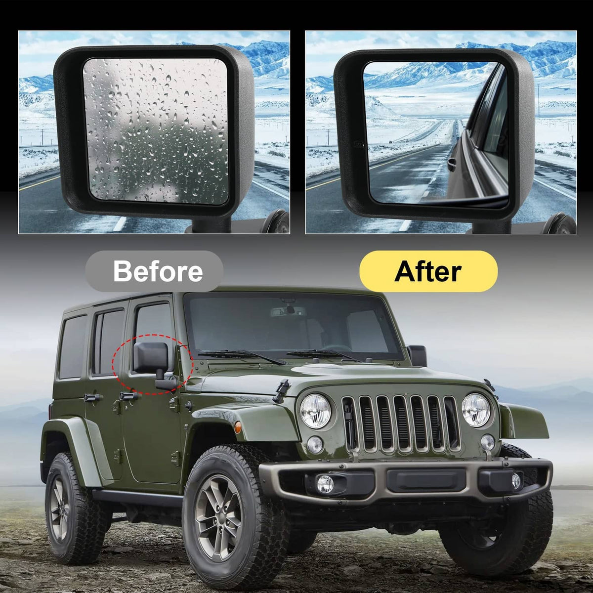 Black side mirror with rain-speckled square glass panel
